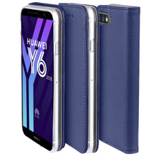 Afbeelding in Gallery-weergave laden, Moozy Case Flip Cover for Huawei Y6 2018, Dark Blue - Smart Magnetic Flip Case with Card Holder and Stand