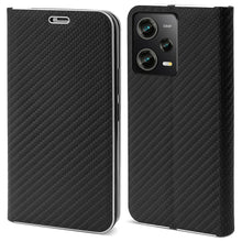 Afbeelding in Gallery-weergave laden, Moozy Wallet Case for Xiaomi Redmi Note 12 Pro 5G / Xiaomi Poco X5 Pro, Black Carbon - Flip Case with Metallic Border Design Magnetic Closure Flip Cover with Card Holder and Kickstand Function
