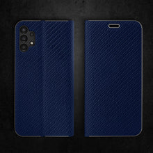 Załaduj obraz do przeglądarki galerii, Moozy Wallet Case for Samsung A32 5G, Dark Blue Carbon - Flip Case with Metallic Border Design Magnetic Closure Flip Cover with Card Holder and Kickstand Function
