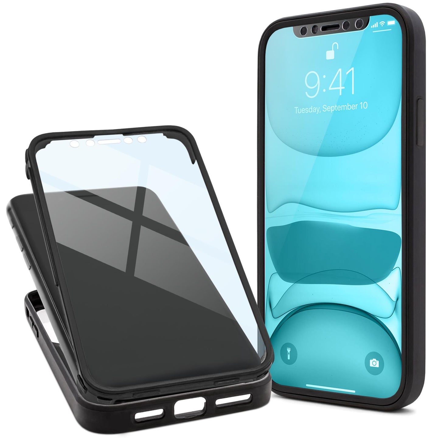 Moozy 360 Case for iPhone 12 / 12 Pro - Black Rim Transparent Case, Full Body Double-sided Protection, Cover with Built-in Screen Protector