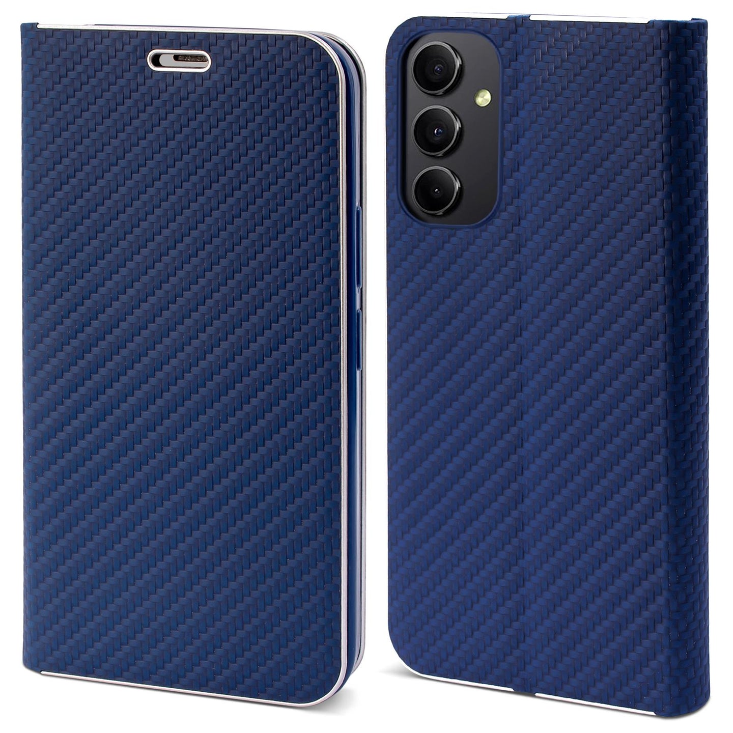 Moozy Wallet Case for Samsung A34 5G, Dark Blue Carbon - Flip Case with Metallic Border Design Magnetic Closure Flip Cover with Card Holder and Kickstand Function