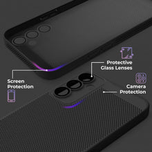 Afbeelding in Gallery-weergave laden, Moozy VentiGuard Phone Case for Samsung A34 5G, Black - Breathable Cover with Perforated Pattern for Air Circulation, Ventilation, Anti-Overheating Phone Case
