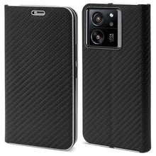 Lade das Bild in den Galerie-Viewer, Moozy Wallet Case for Xiaomi 13T / 13T Pro, Black Carbon - Flip Case with Metallic Border Design Magnetic Closure Flip Cover with Card Holder and Kickstand Function
