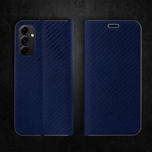 Ladda upp bild till gallerivisning, Moozy Wallet Case for Samsung A34 5G, Dark Blue Carbon - Flip Case with Metallic Border Design Magnetic Closure Flip Cover with Card Holder and Kickstand Function
