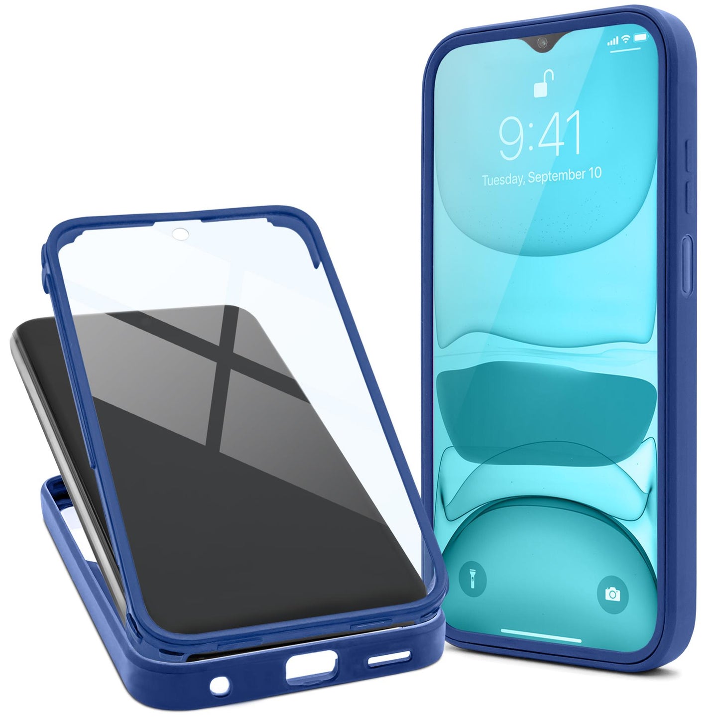 Moozy 360 Case for Samsung A13 - Blue Rim Transparent Case, Full Body Double-sided Protection, Cover with Built-in Screen Protector