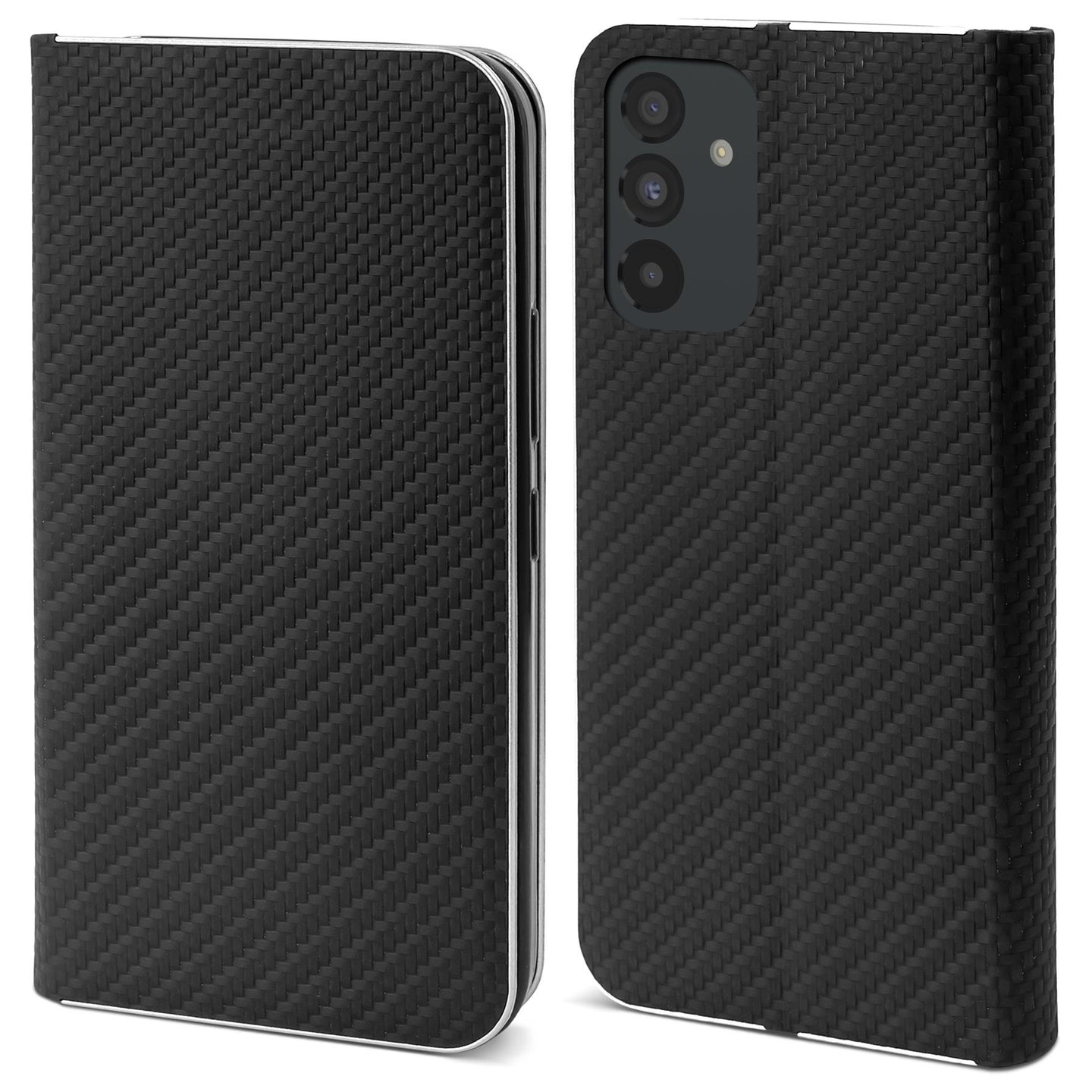 Moozy Wallet Case for Samsung A54 5G, Black Carbon - Flip Case with Metallic Border Design Magnetic Closure Flip Cover with Card Holder and Kickstand Function