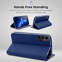 Afbeelding in Gallery-weergave laden, Moozy Wallet Case for Samsung A34 5G, Dark Blue Carbon - Flip Case with Metallic Border Design Magnetic Closure Flip Cover with Card Holder and Kickstand Function
