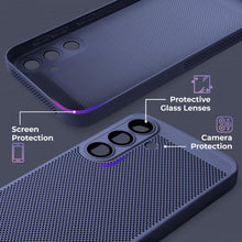 Ladda upp bild till gallerivisning, Moozy VentiGuard Phone Case for Samsung S24, Blue - Breathable Cover with Perforated Pattern for Air Circulation, Ventilation, Anti-Overheating Phone Case
