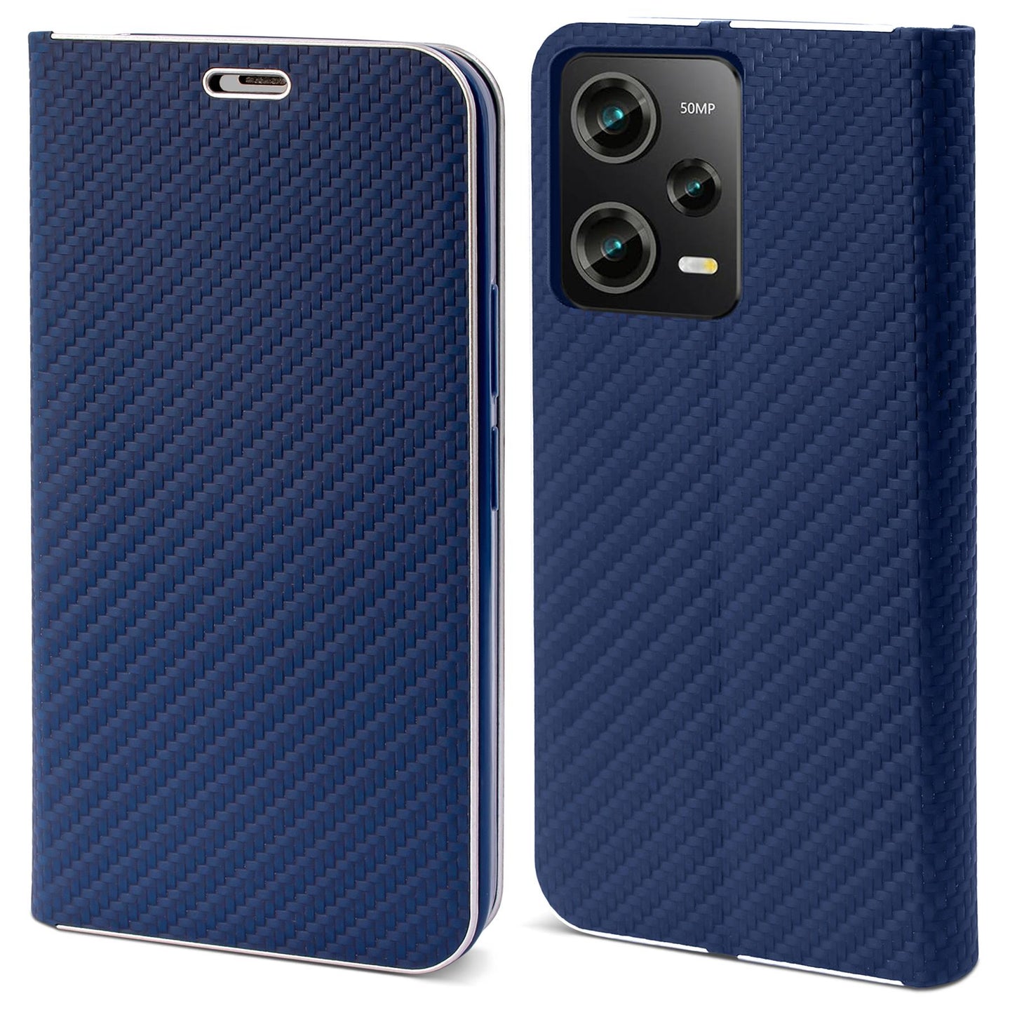 Moozy Wallet Case for Xiaomi Redmi Note 12 Pro 5G / Xiaomi Poco X5 Pro, Dark Blue Carbon - Flip Case with Metallic Border Design Magnetic Closure Flip Cover with Card Holder and Kickstand Function