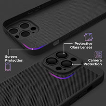 Afbeelding in Gallery-weergave laden, Moozy VentiGuard Phone Case for iphone 14 pro, 6.1-inch, Breathable Cover for iphone 14 pro with Perforated Pattern for Air Circulation, Hard case for iphone 14 pro, Black

