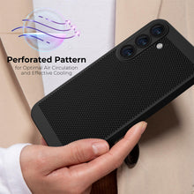 Lade das Bild in den Galerie-Viewer, Moozy VentiGuard Phone Case for Samsung S24, Black - Breathable Cover with Perforated Pattern for Air Circulation, Ventilation, Anti-Overheating Phone Case
