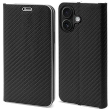 Załaduj obraz do przeglądarki galerii, Moozy Wallet Phone Case for iphone 16, Carbon - Protective Flip Case with Metallic Border Design Magnetic Closure Flip Cover with Card Holder and Kickstand Function, Black
