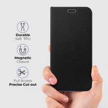 Załaduj obraz do przeglądarki galerii, Moozy Wallet Phone Case for iphone 16, Carbon - Protective Flip Case with Metallic Border Design Magnetic Closure Flip Cover with Card Holder and Kickstand Function, Black
