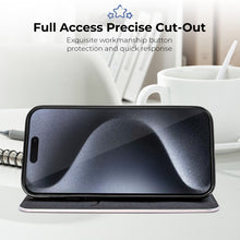 Załaduj obraz do przeglądarki galerii, Moozy Wallet Phone Case for iphone 16, Carbon - Protective Flip Case with Metallic Border Design Magnetic Closure Flip Cover with Card Holder and Kickstand Function, Black
