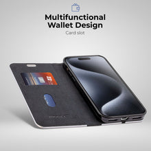 Załaduj obraz do przeglądarki galerii, Moozy Wallet Phone Case for iphone 16, Carbon - Protective Flip Case with Metallic Border Design Magnetic Closure Flip Cover with Card Holder and Kickstand Function, Black
