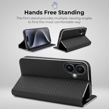 Załaduj obraz do przeglądarki galerii, Moozy Wallet Phone Case for iphone 16, Carbon - Protective Flip Case with Metallic Border Design Magnetic Closure Flip Cover with Card Holder and Kickstand Function, Black
