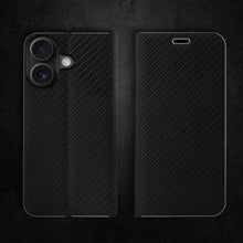 Załaduj obraz do przeglądarki galerii, Moozy Wallet Phone Case for iphone 16, Carbon - Protective Flip Case with Metallic Border Design Magnetic Closure Flip Cover with Card Holder and Kickstand Function, Black
