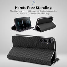 Załaduj obraz do przeglądarki galerii, Moozy Wallet Phone Case for Samsung galaxy S25, Carbon - Flip Case with Metallic Border Design Magnetic Closure Flip Cover for samsung S25 with Card Holder and Kickstand Function, Black
