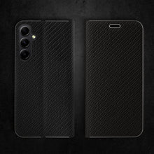 Załaduj obraz do przeglądarki galerii, Moozy Wallet Phone Case for Samsung galaxy S25, Carbon - Flip Case with Metallic Border Design Magnetic Closure Flip Cover for samsung S25 with Card Holder and Kickstand Function, Black
