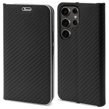 Afbeelding in Gallery-weergave laden, Moozy Wallet Phone Case for Samsung galaxy S23 Ultra, Carbon - Flip Case with Metallic Border Design Magnetic Closure Flip Cover for samsung S23 Ultra with Card Holder and Kickstand Function, Black
