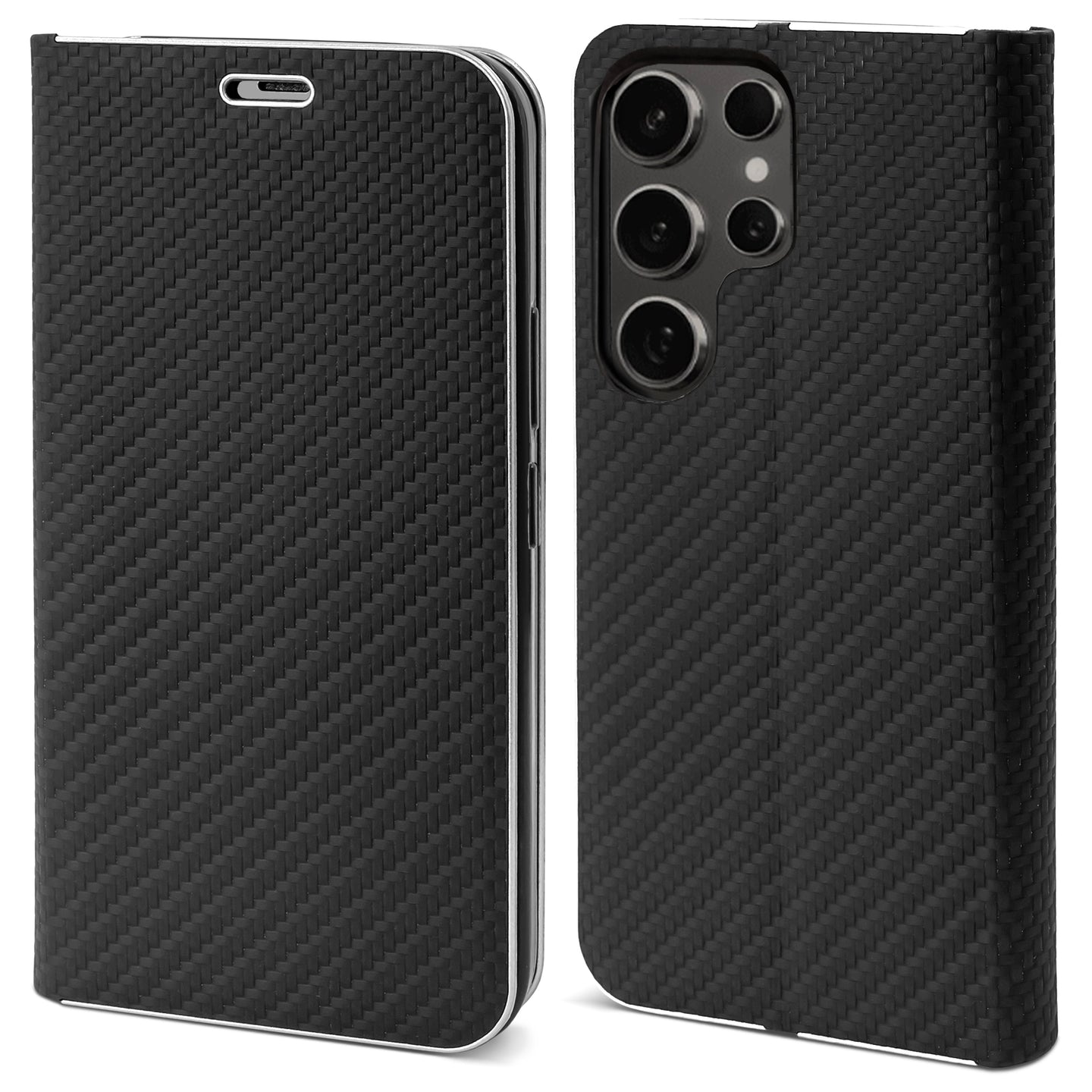 Moozy Wallet Phone Case for Samsung galaxy S23 Ultra, Carbon - Flip Case with Metallic Border Design Magnetic Closure Flip Cover for samsung S23 Ultra with Card Holder and Kickstand Function, Black