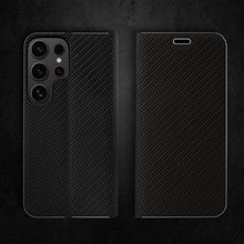 Afbeelding in Gallery-weergave laden, Moozy Wallet Phone Case for Samsung galaxy S23 Ultra, Carbon - Flip Case with Metallic Border Design Magnetic Closure Flip Cover for samsung S23 Ultra with Card Holder and Kickstand Function, Black
