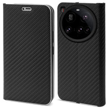 Charger l&#39;image dans la galerie, Moozy Wallet Phone Case for Xiaomi 15 Ultra, Carbon - Protective Flip Case with Metallic Border Design Magnetic Closure Flip Cover with Card Holder and Kickstand Function, Black
