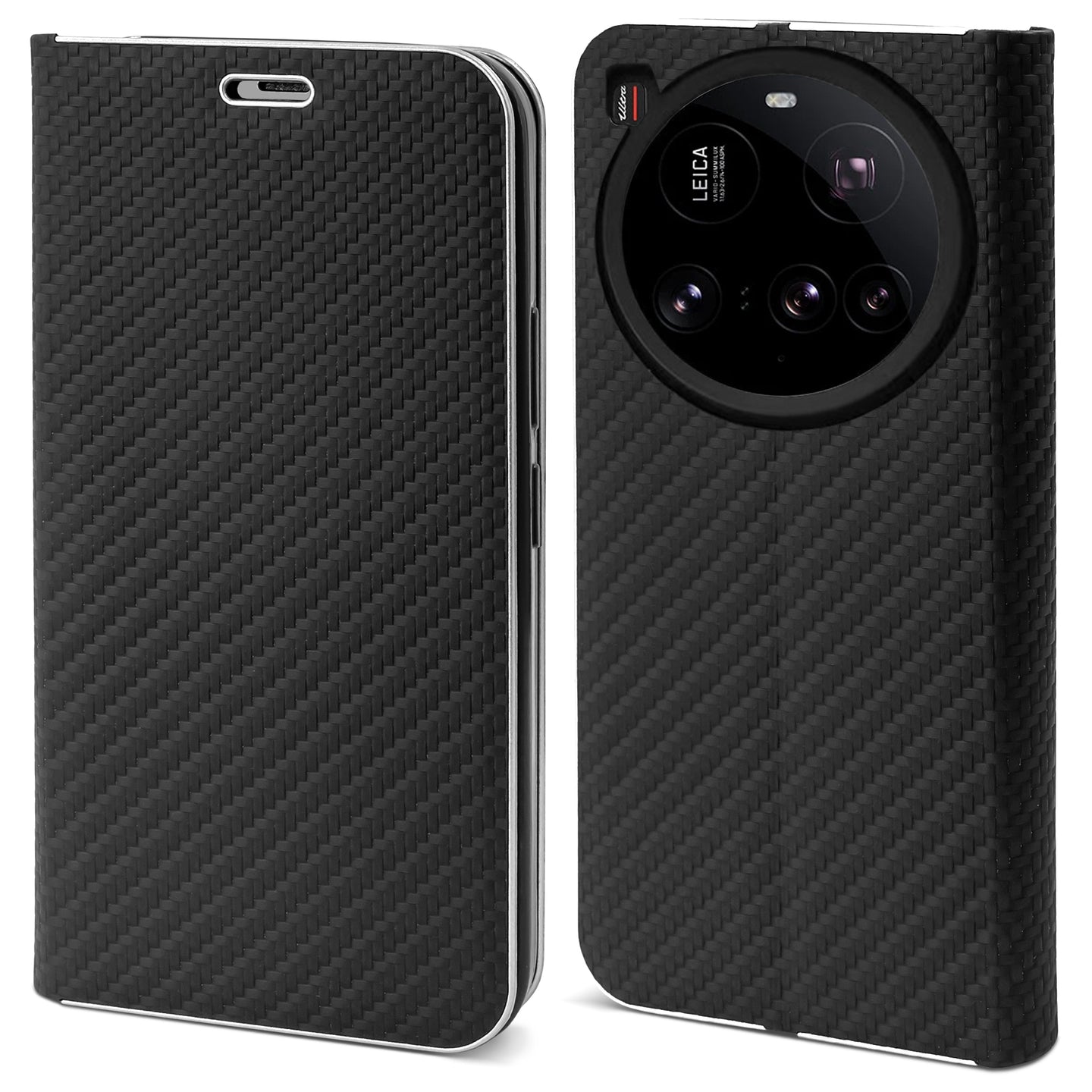 Moozy Wallet Phone Case for Xiaomi 15 Ultra, Carbon - Protective Flip Case with Metallic Border Design Magnetic Closure Flip Cover with Card Holder and Kickstand Function, Black