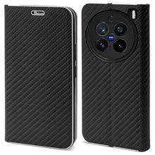 Load image into Gallery viewer, Moozy Wallet Phone Case for Vivo X200 Pro, Carbon - Protective Flip Case with Metallic Border Design Magnetic Closure Flip Cover with Card Holder and Kickstand Function, Black
