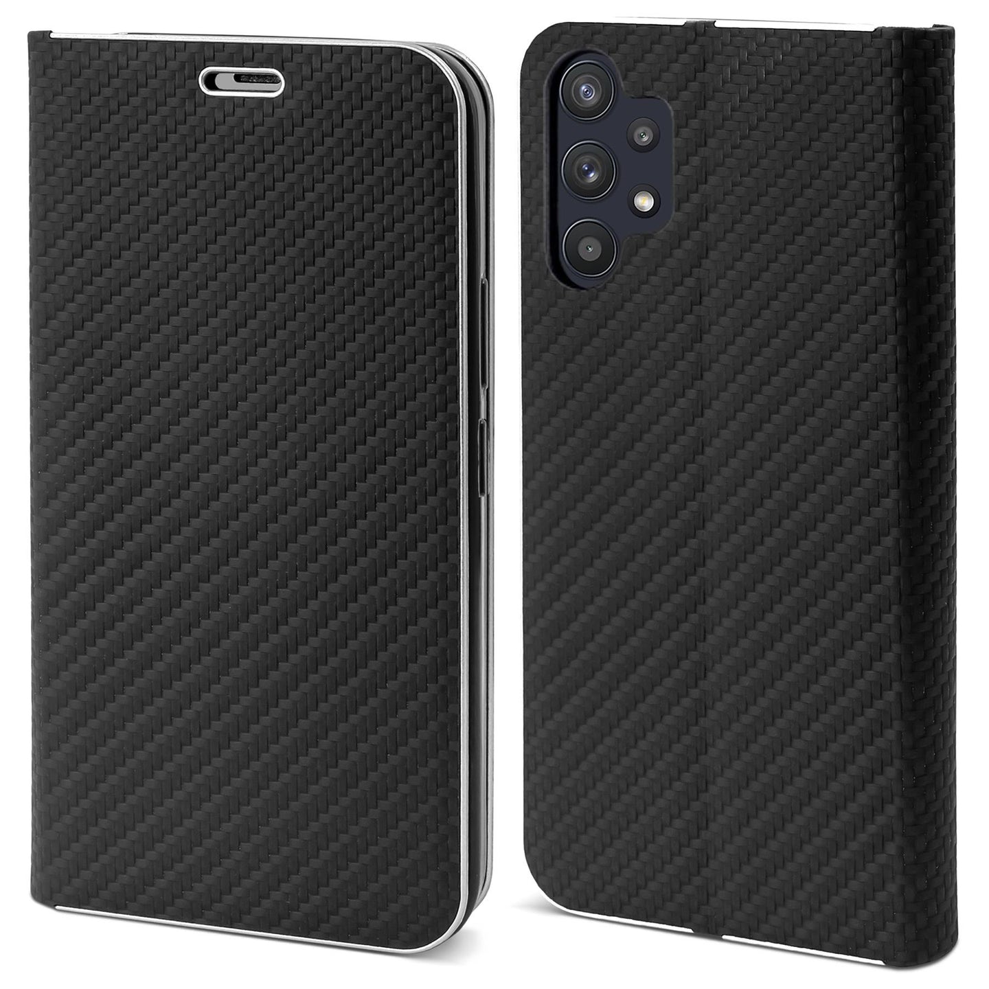 Moozy Wallet Phone Case for Samsung a32 5g, Carbon - Flip Case with Metallic Border Design Magnetic Closure Flip Cover with Card Holder and Kickstand Function, Black
