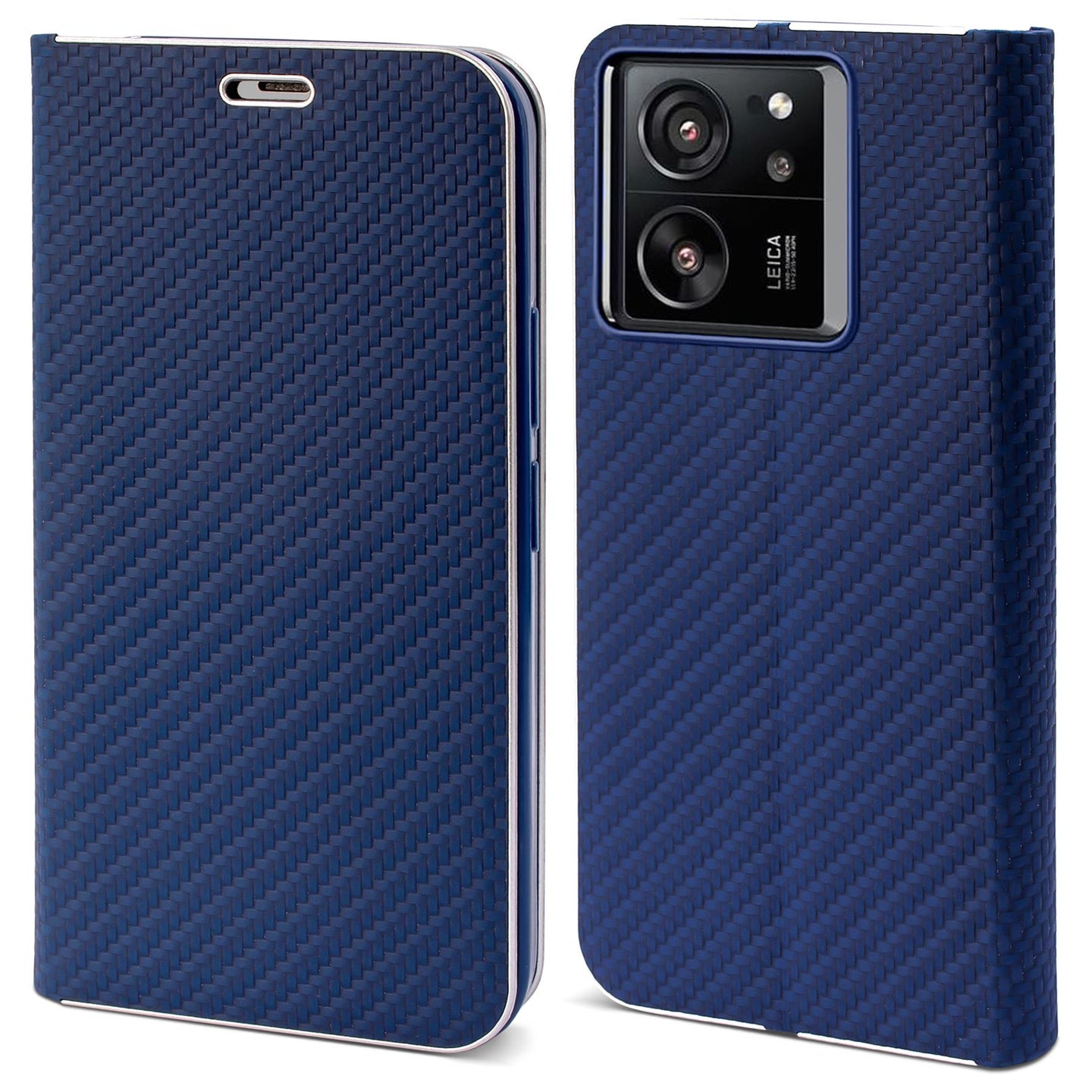 Moozy Wallet Case for Xiaomi 13T / 13T Pro, Dark Blue Carbon - Flip Case with Metallic Border Design Magnetic Closure Flip Cover with Card Holder and Kickstand Function