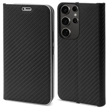 Załaduj obraz do przeglądarki galerii, Moozy Wallet Phone Case for Samsung galaxy S24 Ultra, Carbon - Flip Case with Metallic Border Design Magnetic Closure Flip Cover for samsung S24 Ultra with Card Holder and Kickstand Function, Black
