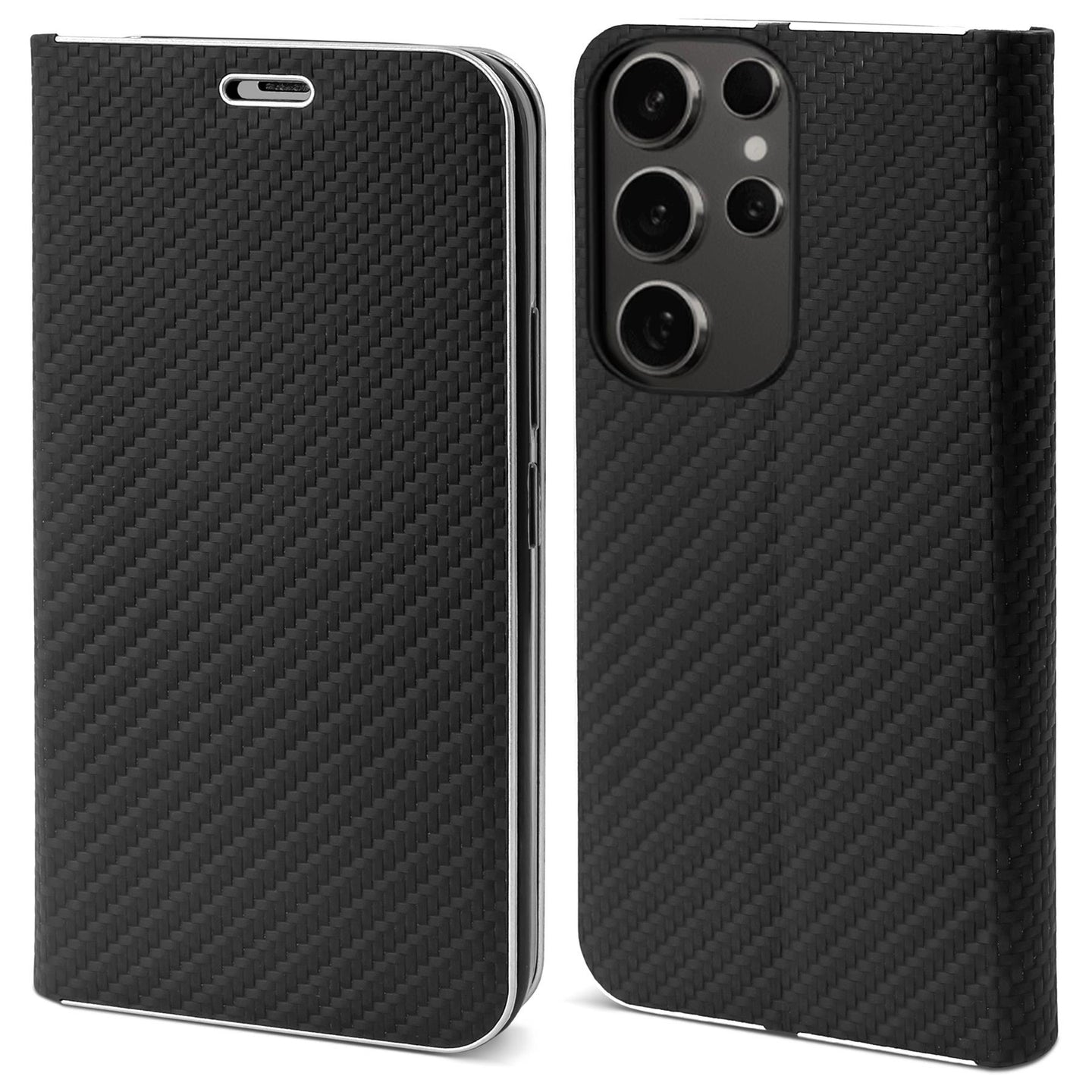 Moozy Wallet Phone Case for Samsung galaxy S24 Ultra, Carbon - Flip Case with Metallic Border Design Magnetic Closure Flip Cover for samsung S24 Ultra with Card Holder and Kickstand Function, Black