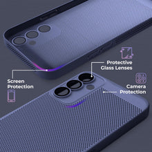 Lade das Bild in den Galerie-Viewer, Moozy VentiGuard Phone Case for Samsung A34 5G, Blue - Breathable Cover with Perforated Pattern for Air Circulation, Ventilation, Anti-Overheating Phone Case
