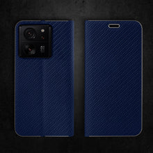 Lade das Bild in den Galerie-Viewer, Moozy Wallet Case for Xiaomi 13T / 13T Pro, Dark Blue Carbon - Flip Case with Metallic Border Design Magnetic Closure Flip Cover with Card Holder and Kickstand Function
