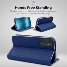Załaduj obraz do przeglądarki galerii, Moozy Wallet Case for Samsung A54 5G, Dark Blue Carbon - Flip Case with Metallic Border Design Magnetic Closure Flip Cover with Card Holder and Kickstand Function
