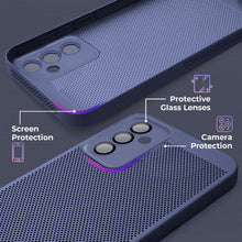 Lade das Bild in den Galerie-Viewer, Moozy VentiGuard Phone Case for Samsung A14, Blue - Breathable Cover with Perforated Pattern for Air Circulation, Ventilation, Anti-Overheating Phone Case
