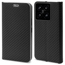 Afbeelding in Gallery-weergave laden, Moozy Wallet Case for Xiaomi 14, Black Carbon - Flip Case with Metallic Border Design Magnetic Closure Flip Cover with Card Holder and Kickstand Function
