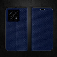 Afbeelding in Gallery-weergave laden, Moozy Wallet Case for Xiaomi 14, Dark Blue Carbon - Flip Case with Metallic Border Design Magnetic Closure Flip Cover with Card Holder and Kickstand Function
