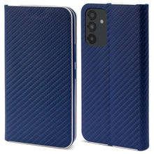 Afbeelding in Gallery-weergave laden, Moozy Wallet Case for Samsung A54 5G, Dark Blue Carbon - Flip Case with Metallic Border Design Magnetic Closure Flip Cover with Card Holder and Kickstand Function
