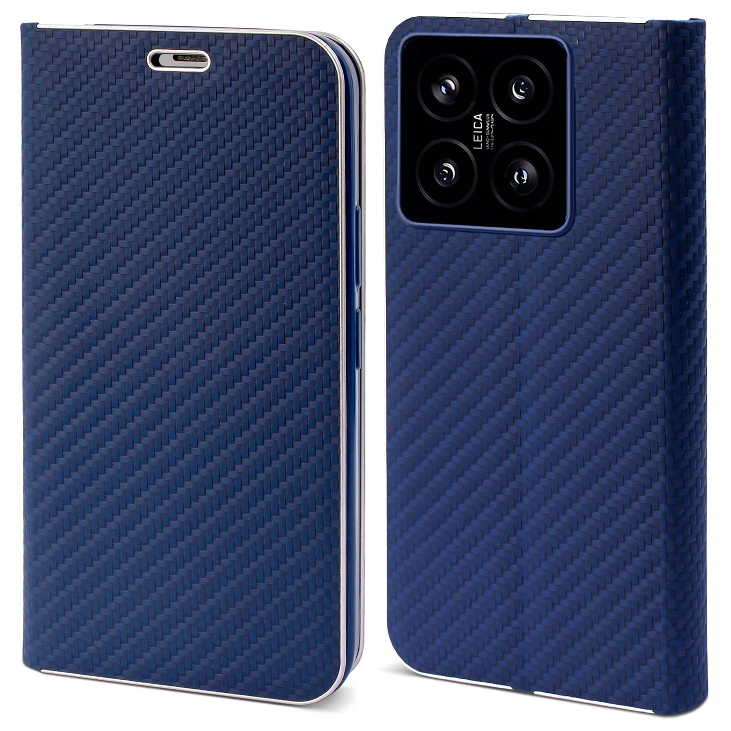 Moozy Wallet Case for Xiaomi 14, Dark Blue Carbon - Flip Case with Metallic Border Design Magnetic Closure Flip Cover with Card Holder and Kickstand Function