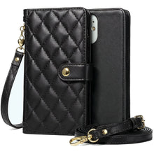 Afbeelding in Gallery-weergave laden, Moozy Lanyard Wallet Case for  iPhone 13/14 (6.1&quot;) – Quilted Crossbody PU Leather Phone Purse with Card Holder, Zip Coin Pocket and Detachable Strap, Black
