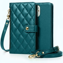 Afbeelding in Gallery-weergave laden, Moozy Lanyard Wallet Case for  iPhone 13/14 (6.1&quot;) – Quilted Crossbody PU Leather Phone Purse with Card Holder, Zip Coin Pocket and Detachable Strap, Dark green
