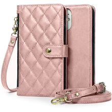Charger l&#39;image dans la galerie, Moozy Lanyard Wallet Case for iPhone 16 Pro (6.3”) – Quilted Crossbody PU Leather Phone Purse with Card Holder, Zip Coin Pocket and Detachable Strap, Rose Gold
