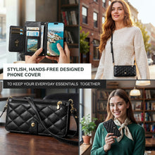 Afbeelding in Gallery-weergave laden, Moozy Lanyard Wallet Case for  iPhone 13/14 (6.1&quot;) – Quilted Crossbody PU Leather Phone Purse with Card Holder, Zip Coin Pocket and Detachable Strap, Black

