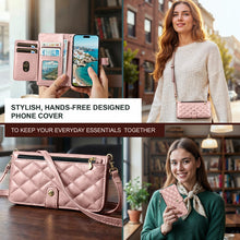 Afbeelding in Gallery-weergave laden, Moozy Lanyard Wallet Case for  iPhone 13/14 (6.1&quot;) – Quilted Crossbody PU Leather Phone Purse with Card Holder, Zip Coin Pocket and Detachable Strap, Rose Gold
