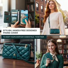 Afbeelding in Gallery-weergave laden, Moozy Lanyard Wallet Case for  iPhone 13/14 (6.1&quot;) – Quilted Crossbody PU Leather Phone Purse with Card Holder, Zip Coin Pocket and Detachable Strap, Dark green

