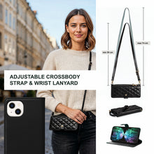 Afbeelding in Gallery-weergave laden, Moozy Lanyard Wallet Case for  iPhone 13/14 (6.1&quot;) – Quilted Crossbody PU Leather Phone Purse with Card Holder, Zip Coin Pocket and Detachable Strap, Black
