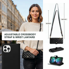 Afbeelding in Gallery-weergave laden, Moozy Lanyard Wallet Case for iPhone 16 Pro (6.3”) – Quilted Crossbody PU Leather Phone Purse with Card Holder, Zip Coin Pocket and Detachable Strap, Black
