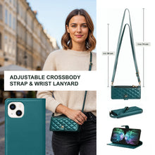 Afbeelding in Gallery-weergave laden, Moozy Lanyard Wallet Case for  iPhone 13/14 (6.1&quot;) – Quilted Crossbody PU Leather Phone Purse with Card Holder, Zip Coin Pocket and Detachable Strap, Dark green
